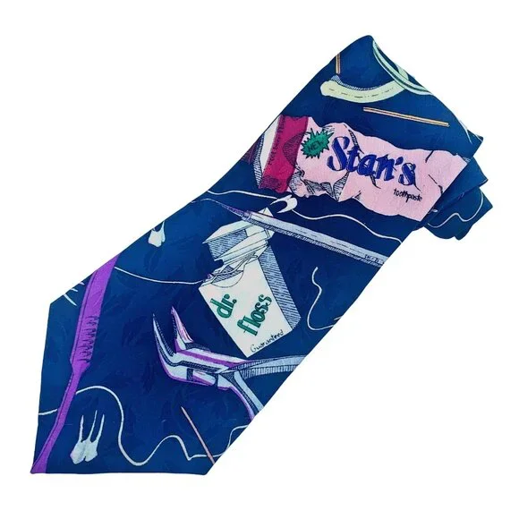 Vintage Nicole Miller 1992 Tie Novelty Graphic Print Teeth Dentist Wide Funny - Picture 6 of 10